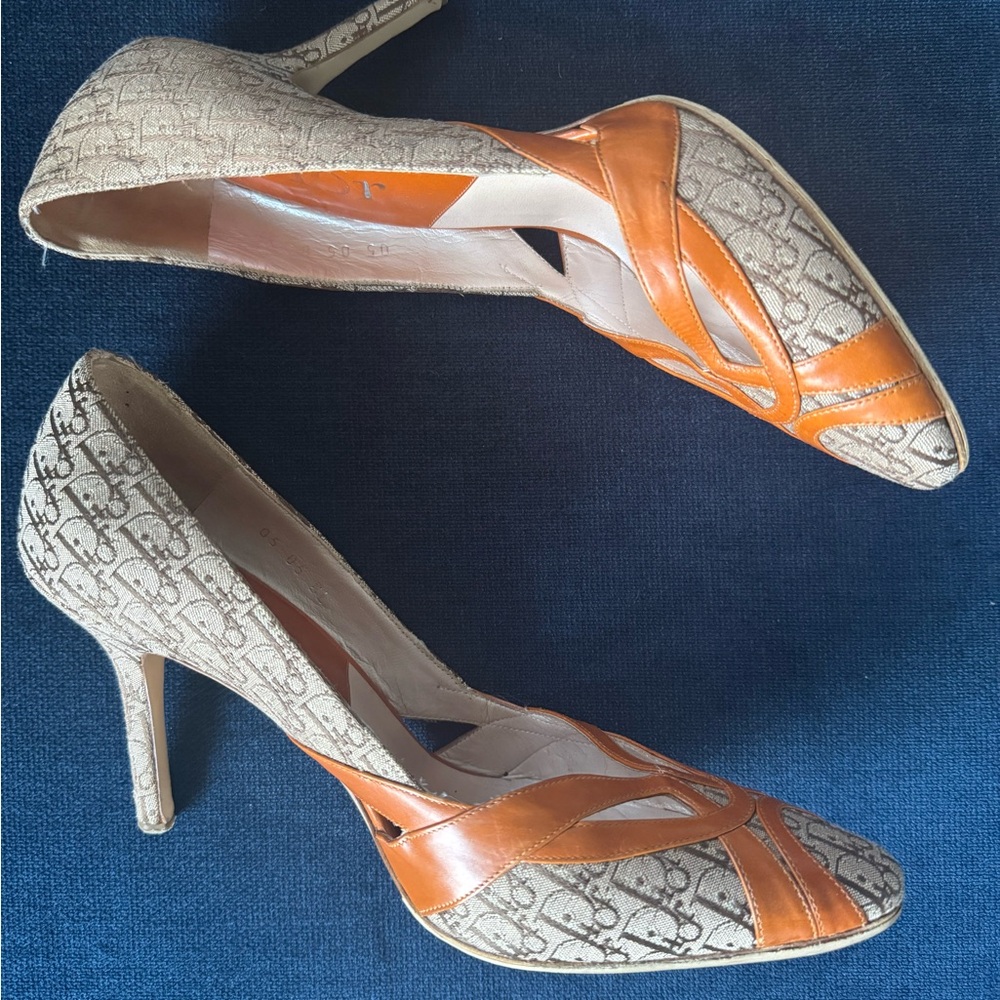 Vintage DIOR x Galliano Orange and Beige Monogrammed Heels